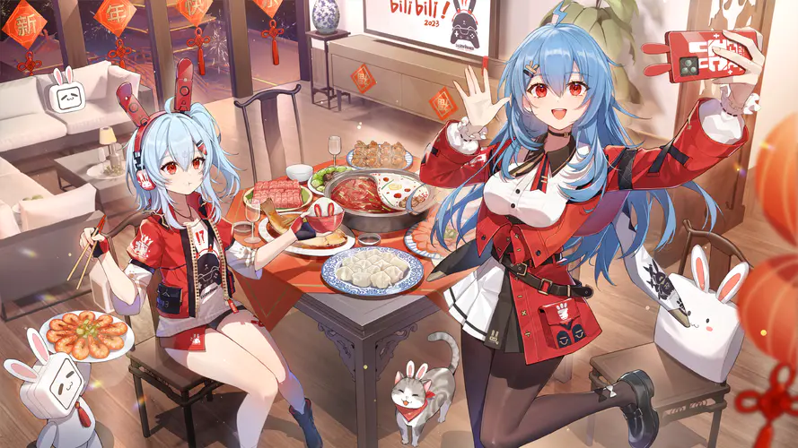 动漫女孩与兔子耳朵动物的4K壁纸 新年春节年夜饭与自拍时刻