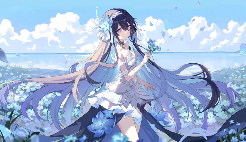 长发 站立 动漫 女孩 天空 云 花 衣服 花瓣 水 树叶 项链 4K壁纸
