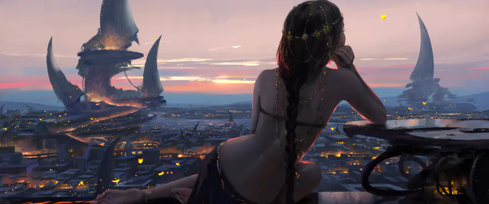 梦幻城市夜景与少女_3840x1600带鱼屏_高清电脑桌面壁纸