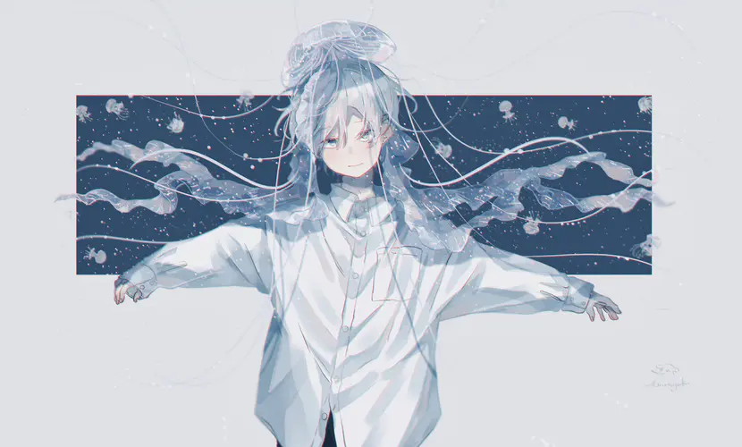动漫男孩与水母在雨天 4K高清壁纸
