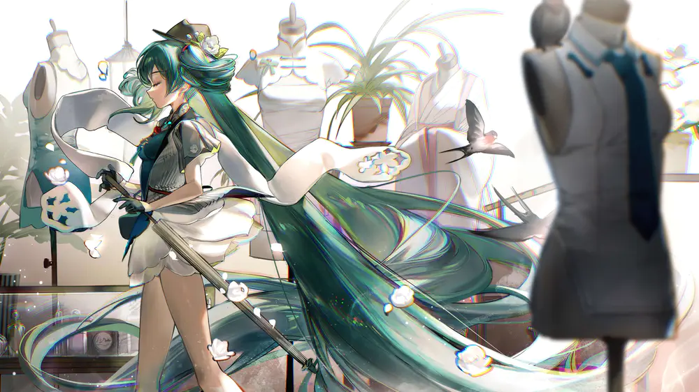 初音未来青绿色双马尾旗袍工作室壁纸