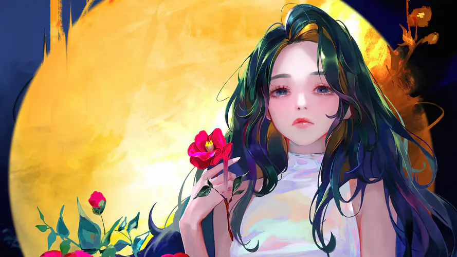 长发 动漫 女孩 鲜花 AI艺术 4K壁纸