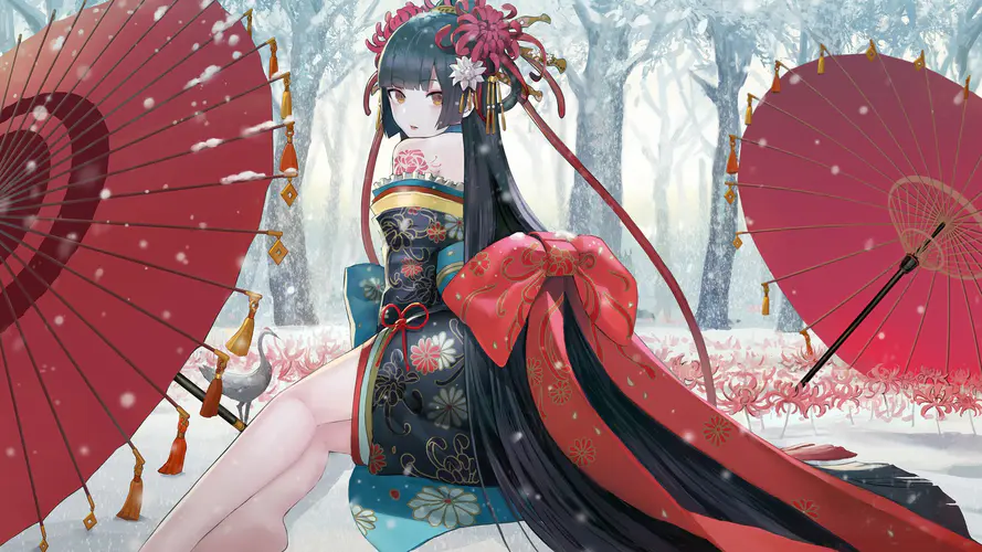 阴阳师 雪境华伞和服少女 4k桌面壁纸