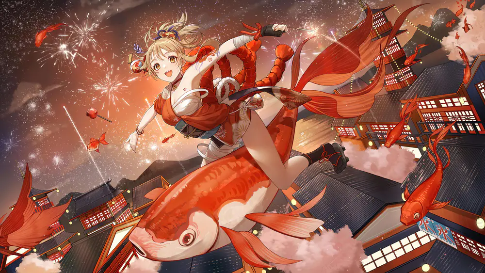 烟花金鱼少女飞翔庆典壁纸