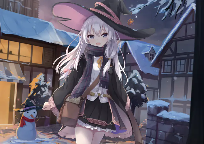 白发动漫女孩与雪景 唯美女巫帽与雪人电脑壁纸4K高清图片