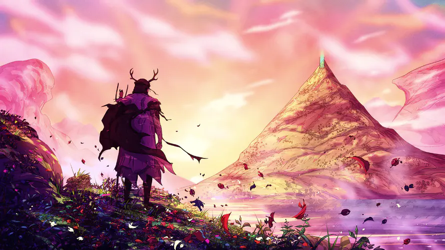 奇幻艺术 旅行者与山花的4K壁纸，AI创作