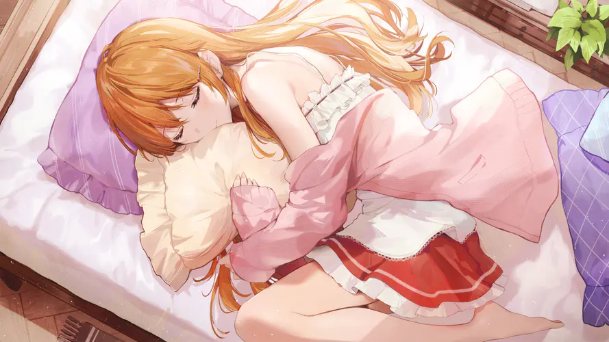 红发闭眼动漫女孩4K高清睡眠壁纸