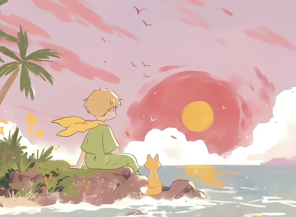 海边落日治愈系插画壁纸男孩与小狐狸看晚霞
