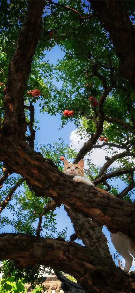 树上小猫仰望石榴手机壁纸