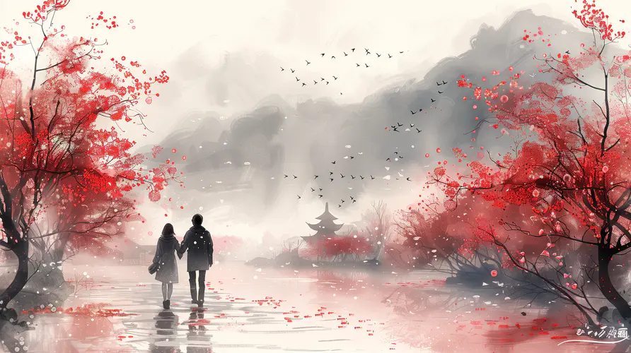 唯美山水情侣秋景高清手机壁纸