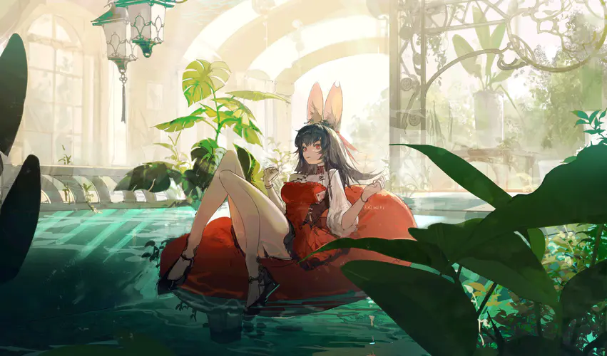 原创 人物 栗色 橙色眼睛 动漫 女孩 兽耳 黑发 连衣裙 泳池 泳泳圈 兔耳 4K壁纸