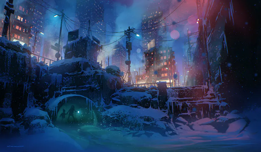 AI艺术 数字绘画中雪花覆盖的冬天夜晚，4K壁纸