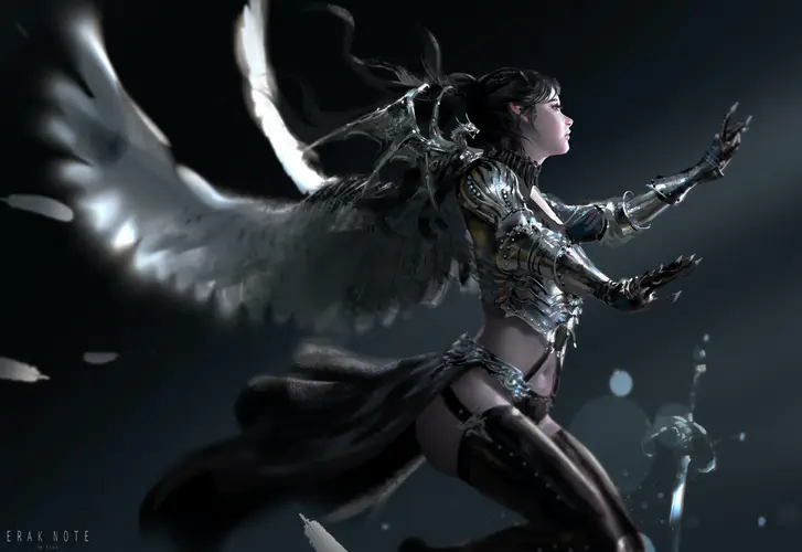 女人 奇幻女孩 黑发 战士 AI艺术 插图 奇幻艺术 翅膀 盔甲 4K壁纸