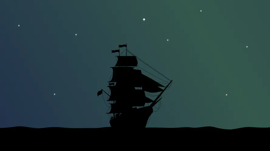 极简主义 星星 夜晚 海盗船 大海 剪影 8K壁纸