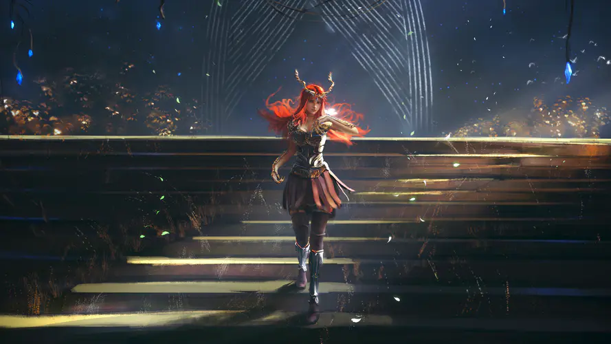 奇幻艺术插图 红发女性在阳光照耀下的楼梯上，4K壁纸