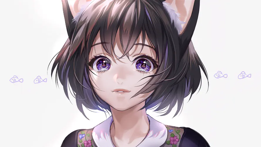 动漫猫女孩 微笑的紫色眼睛与猫耳朵，4K壁纸背景