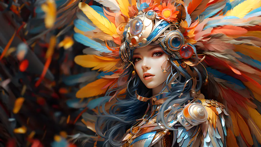 AI艺术 4K高清壁纸 – 羽毛之舞，女性与艺术的完美结合