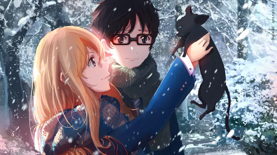 金发动漫女孩与猫的冬天雪景 4K壁纸精选