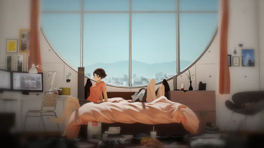动漫风格的女孩在床上，窗外景色如画 4K高清壁纸