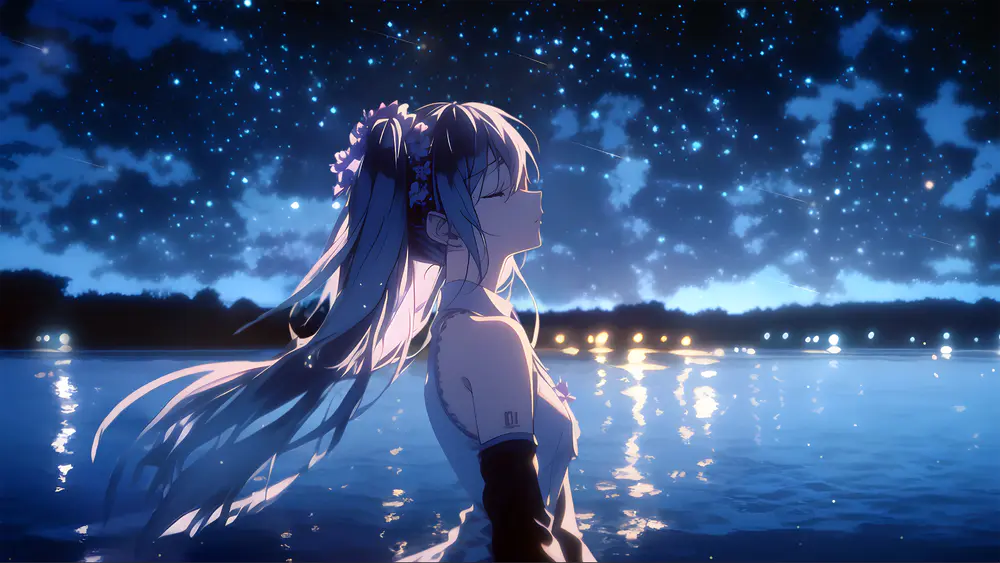星空水面倒影少女唯美意境壁纸