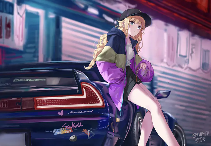 4K高清动漫壁纸：金发少女与跑车夜景