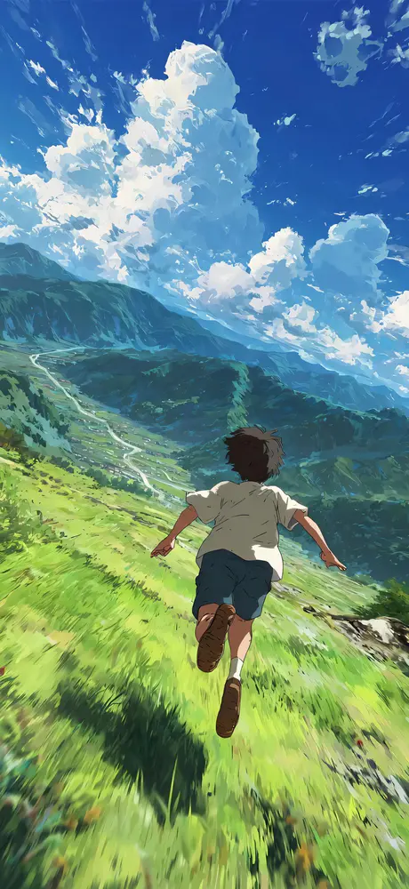 奔跑少年远眺山川河流蓝天白云壁纸