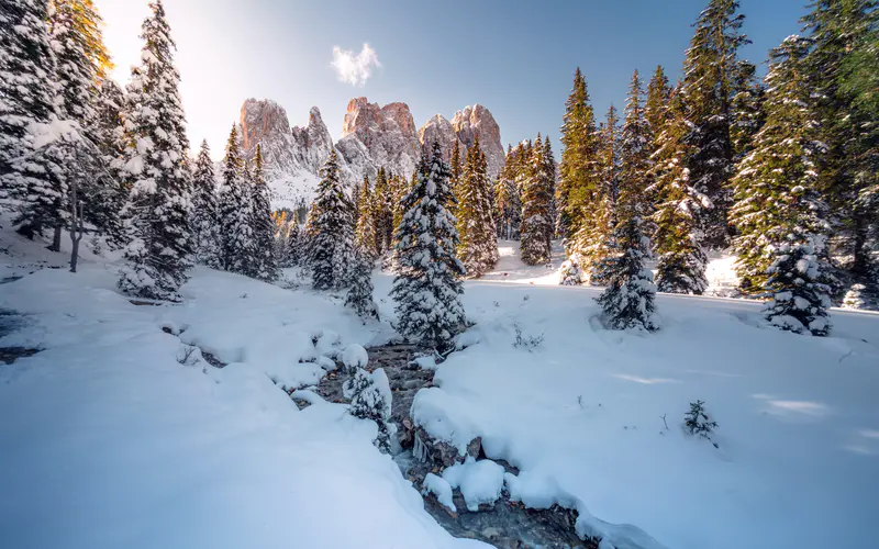 雪山 森林 阳光 南蒂罗尔 意大利 5K桌面壁纸5120×3200