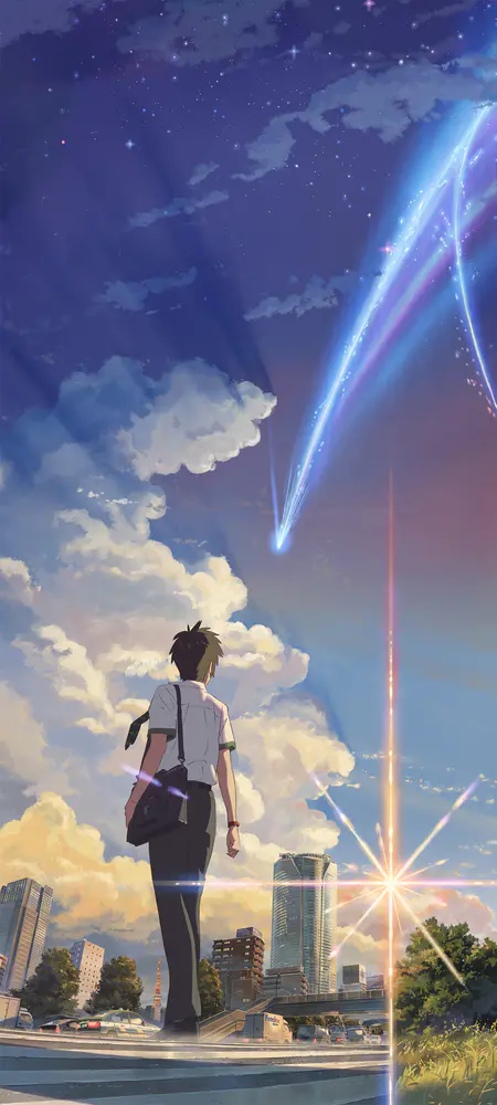 星空彗星下的少年城市剪影壁纸
