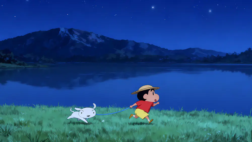 夏夜星空湖畔奔跑的男孩与小狗动漫壁纸