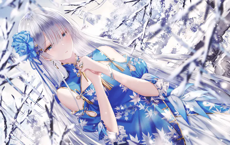 4K高清动漫壁纸：白发蓝衣少女冬季雪景