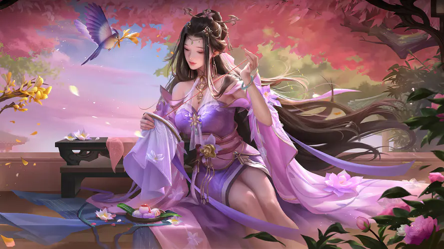 汉服女子4K高清壁纸 赤肩长发，粉色衣裳，鸟与花之国风美景
