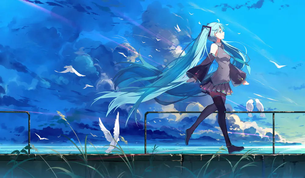 蓝色天空下初音未来与飞鸟壁纸