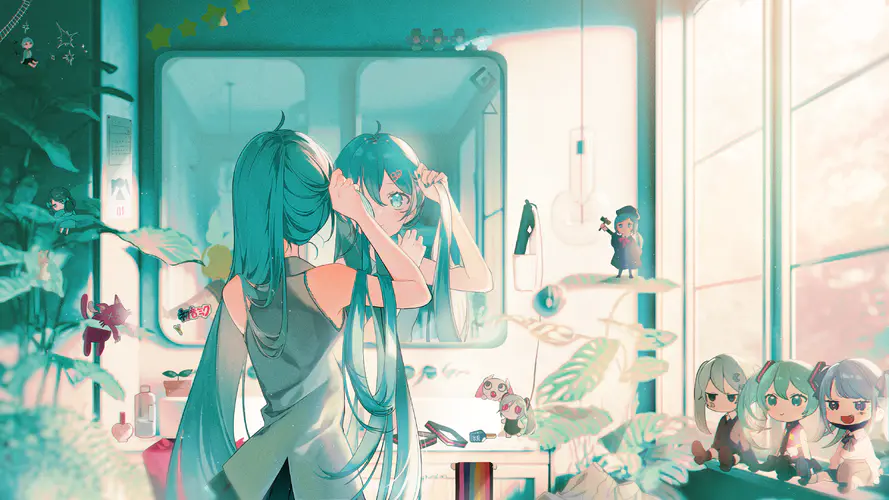长发 蓝头发 蓝眼睛 初音 动漫 小提琴 女孩 双尾 镜子 倒影 窗户 阳光 4K壁纸