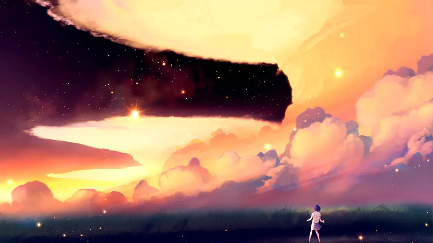 动漫女孩与天空的奇幻风景 4K高清壁纸