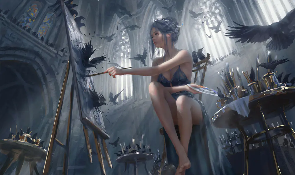 水墨画风女子与飞鸟意境壁纸