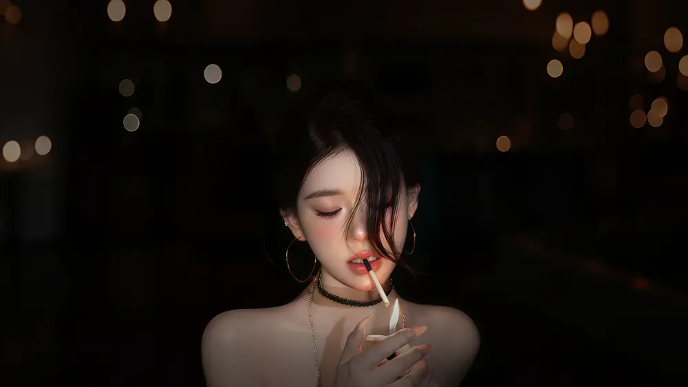 暗夜微光点烟少女氛围感人像壁纸