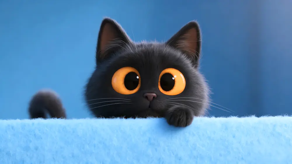 超萌大眼黑猫蓝色背景高清壁纸