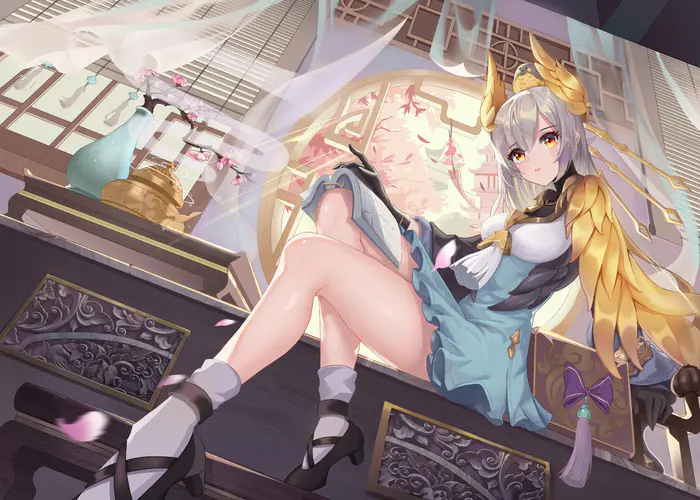 动漫女孩坐着，穿着蓝色连衣裙和绿色袜子的4K高清壁纸