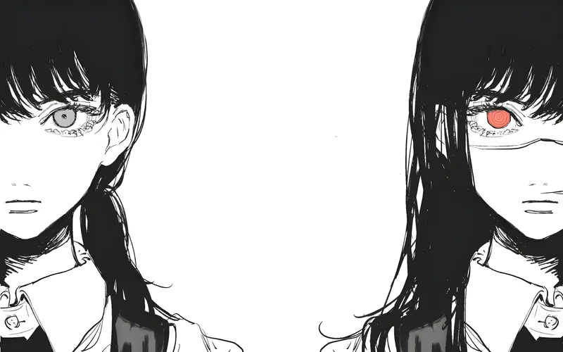动漫女孩 长发、脸、电锯人，4K壁纸背景