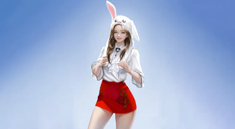 动漫女孩微笑4K壁纸 简约蓝色背景上的迷你裙与玫瑰
