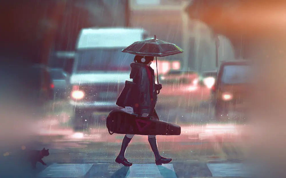 雨中独行少女的街景壁纸