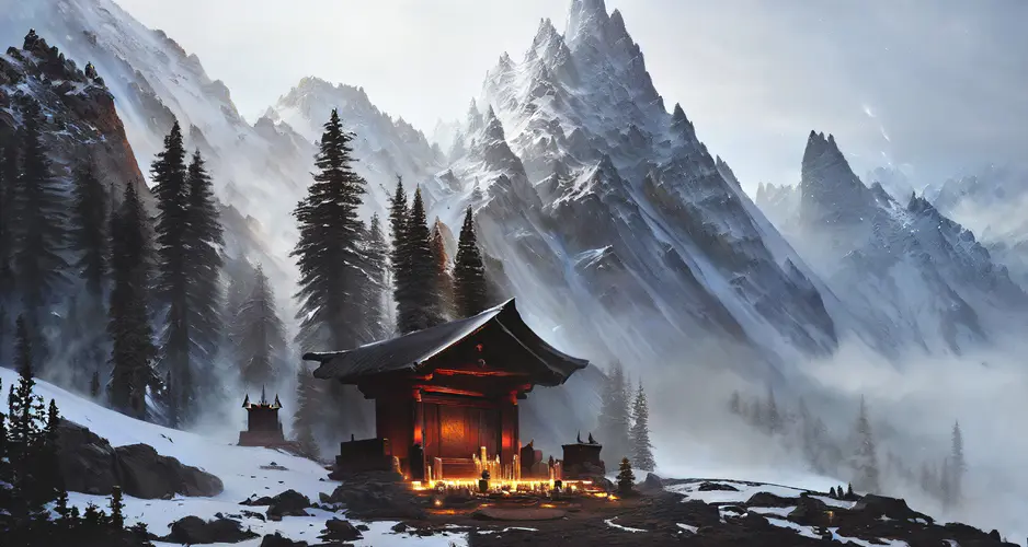 无名 艺术 雪 山 圣地 树木 蜡烛 风景 薄雾 4K壁纸