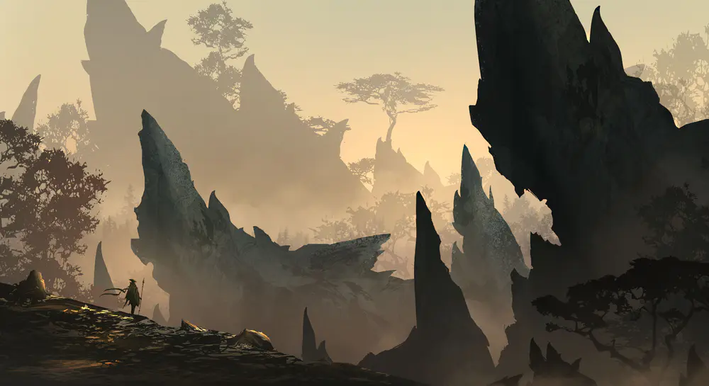 4K壁纸 孤独英雄战士在奇幻薄雾中的岩石与长矛