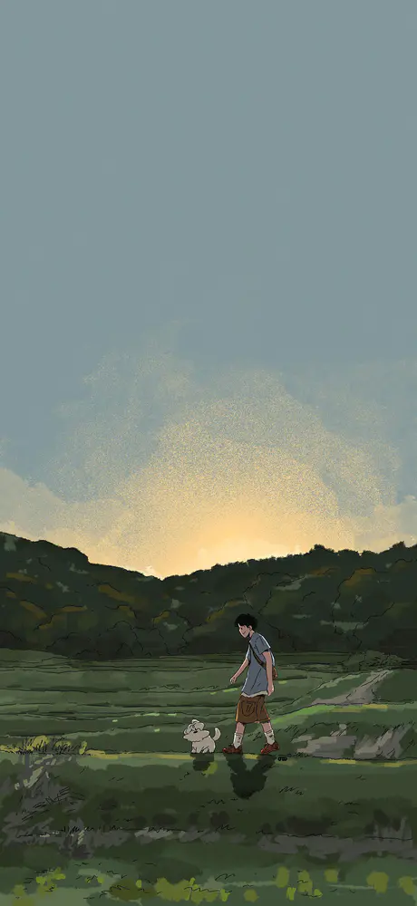 田野少年与狗夕阳风景壁纸