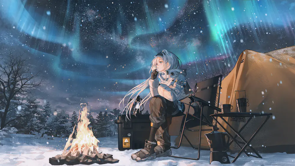 雪夜极光下露营的少女