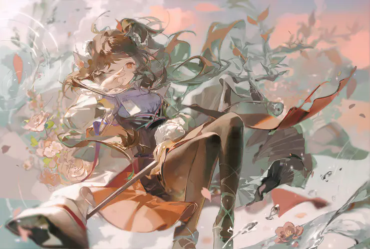 动漫女孩与花瓣 4K高清壁纸，AI艺术创作的水花效果