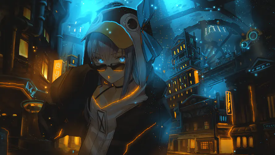 幻想女孩与城市夜景 4K动漫壁纸，AI艺术编辑，服装与建筑的完美融合