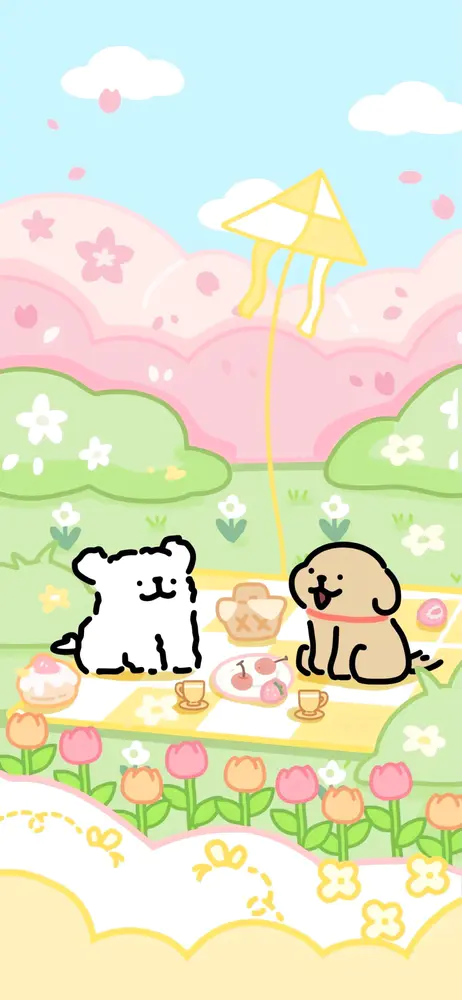 两只小狗春日野餐放风筝壁纸
