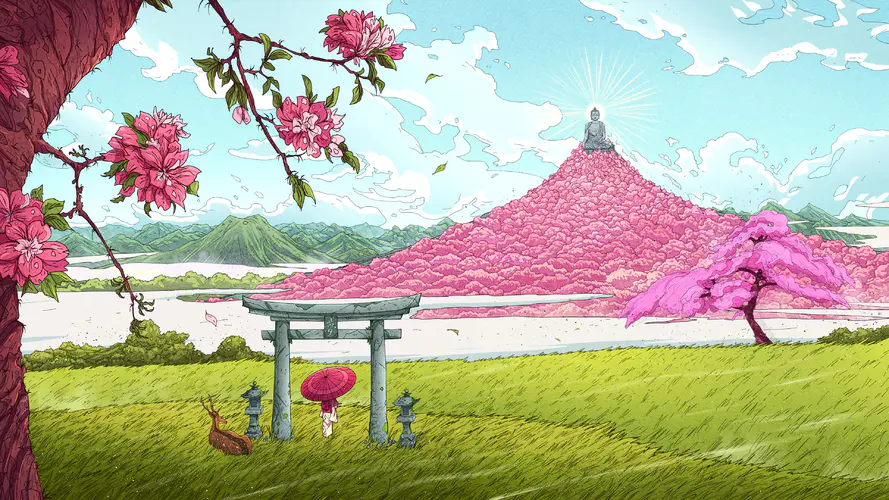 AI艺术 神道与自然融合的奇幻景观 – 4K壁纸