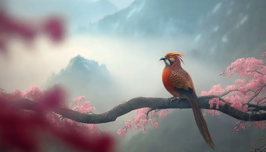 美丽的鸟类插图 4K自然风景壁纸，树枝与鲜花